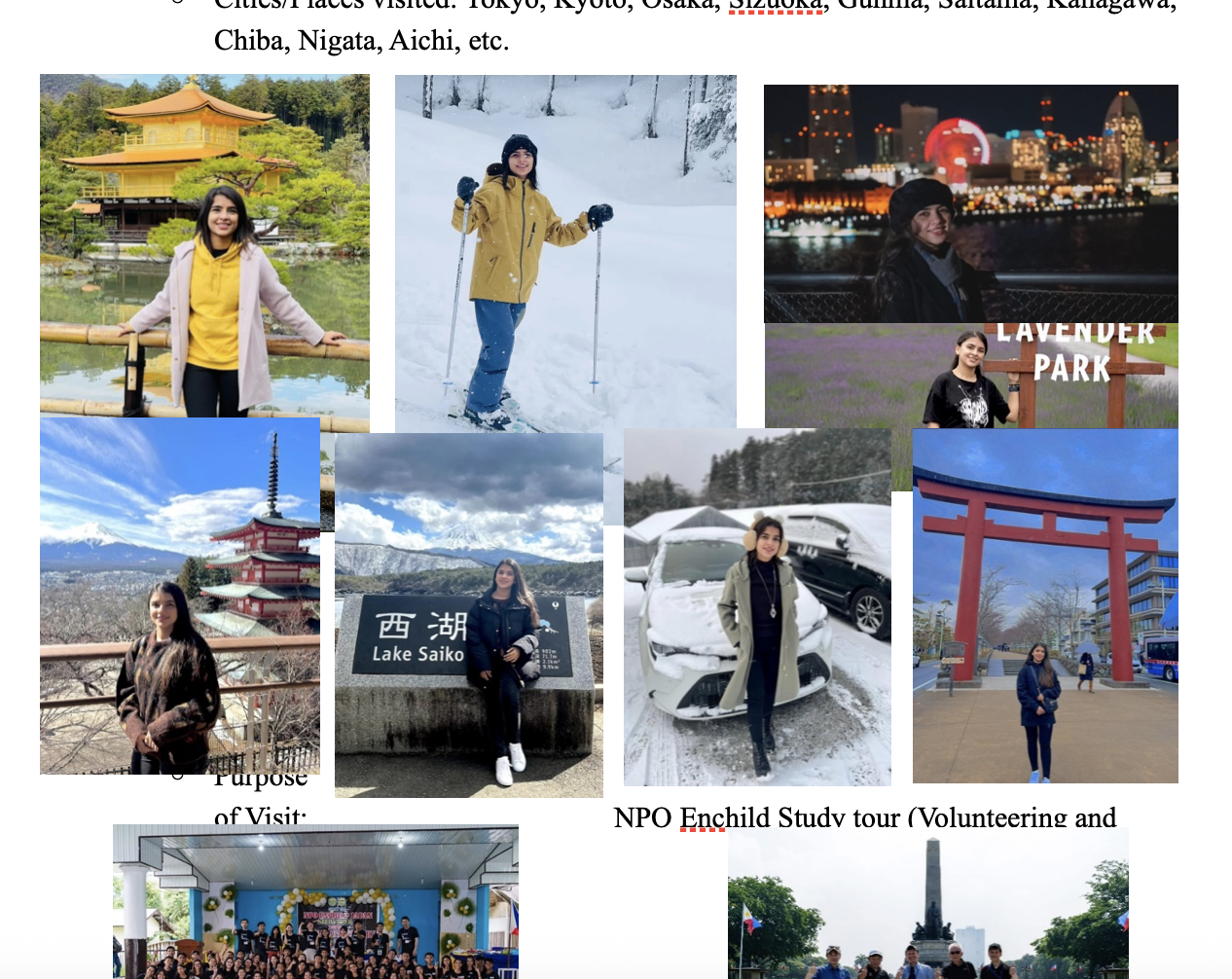 Travel photos from Japan including Golden Pavilion, skiing, Mount Fuji, and volunteering activities